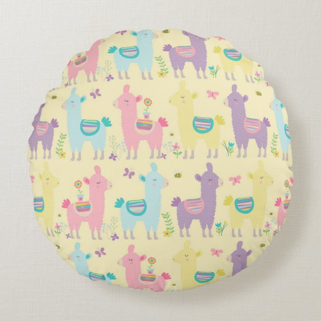 Llamas Pink Yellow Purple Cute Adorable Nursery   Round Pillow (Front)