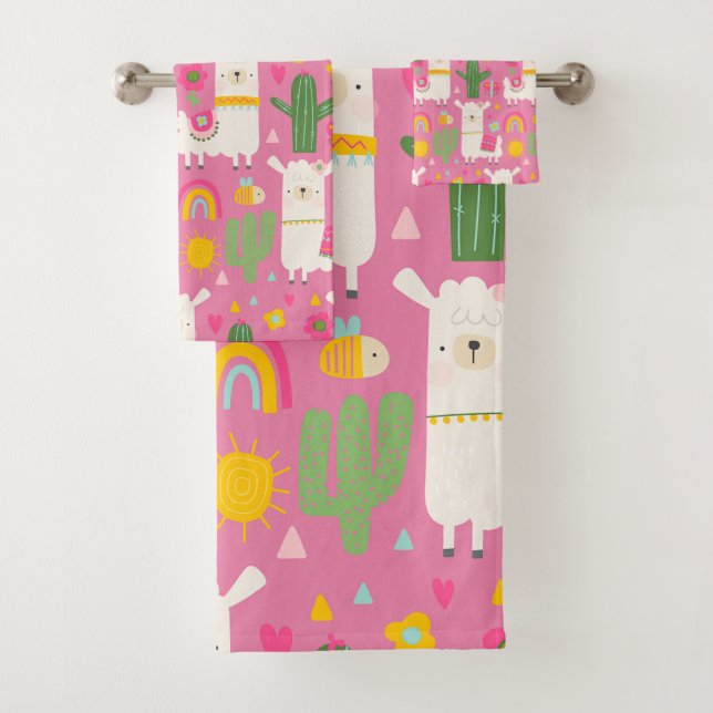 Llamas Rainbows Green Cactus Light Girly Pink Cute Bath Towel Set (Insitu)