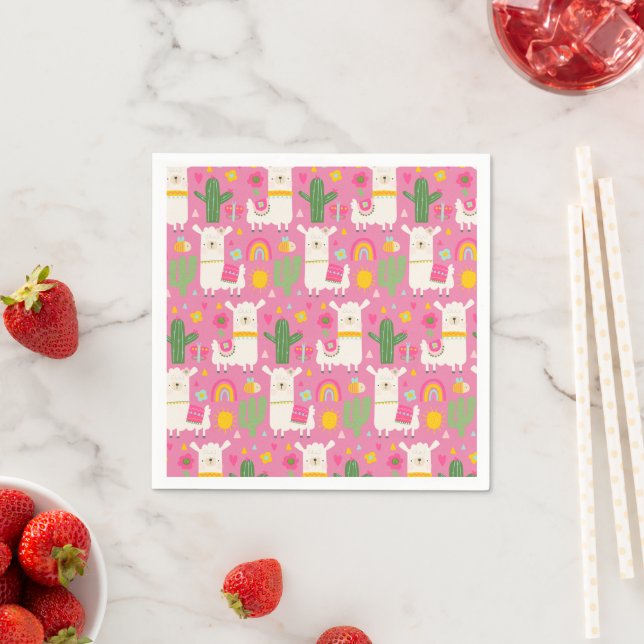 Llamas Rainbows Green Cactus Light Girly Pink Cute Napkin (Insitu)