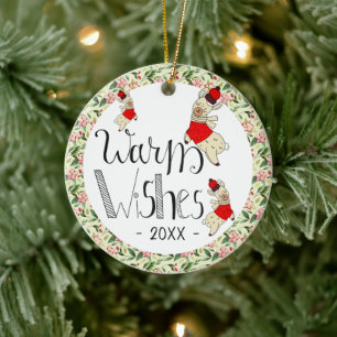Llamas Warm Wishes typography Christmas Ceramic Ornament