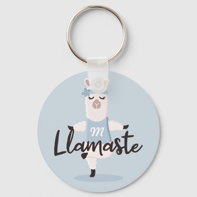 Llamaste Cute Blue Llama Yoga Character Monogram Keychain (Front)