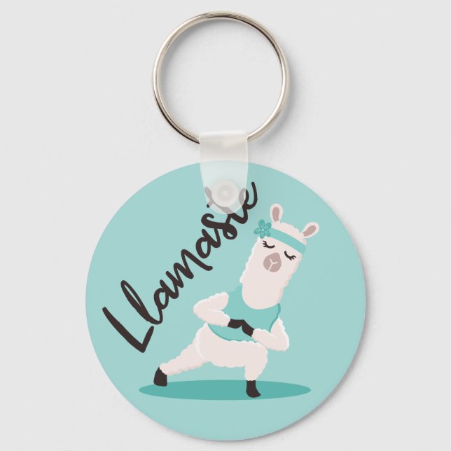 Llamaste Cute Teal Llama Yoga Character Monogram Keychain (Front)