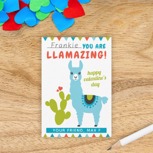 Llamazing Blue Llama Boys Classroom Valentine Card