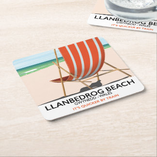 Llanbedrog Beach, Gwynedd Wales seaside poster Square Paper Coaster