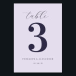 ___LLMGEN___ 13 TABLE NUMBER<br><div class="desc">This elegant table card design features a sophisticated and minimalist style, perfect for a wedding celebration. The large, bold number "3" takes center stage with an understated yet stylish font, complemented by a soft lavender background that exudes romance and grace. The typography is refined, adding to the overall timeless charm...</div>