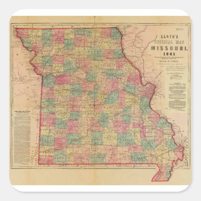 Lloyd's Offical Map of Missouri (1861) Square Sticker (Front)
