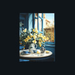 lluminating Elegance: Art Deco Still Life  Canvas Print<br><div class="desc">Immerse yourself in the world of Art Deco with this captivating art print. Delight in the serene beauty of a still life, where a vibrant bouquet of yellow flowers takes centre stage against the backdrop of an open kitchen window. New to the scene are delicate blue porcelain cups and a...</div>
