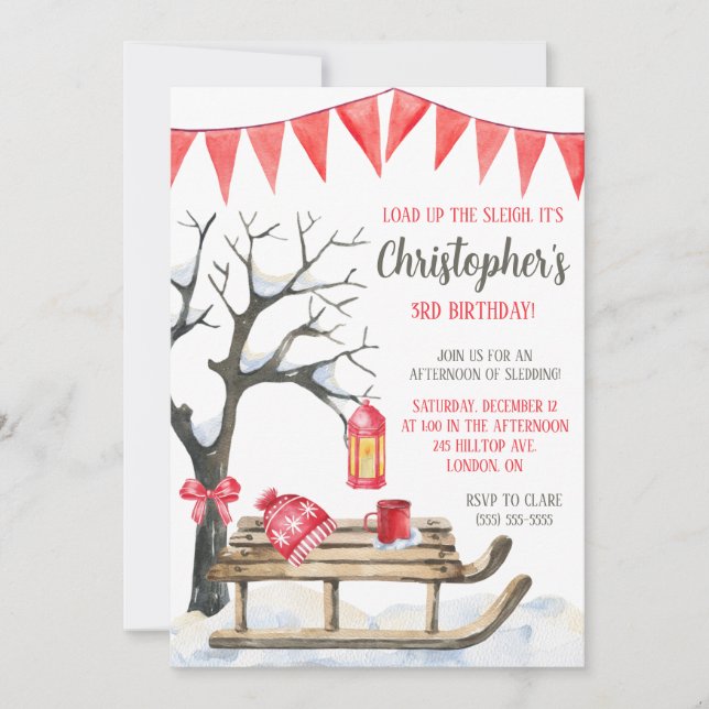 Load up the Sleigh!  Sledding Theme Birthday Party Invitation (Front)