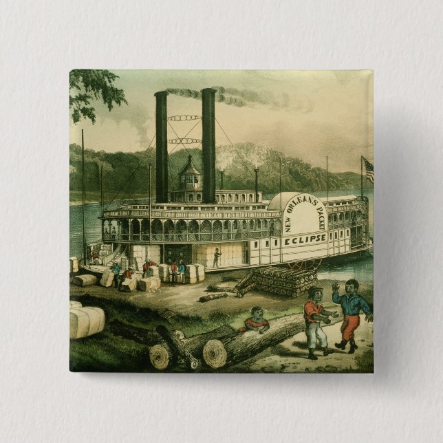 Loading Cotton on the Mississippi, 1870 2 Inch Square Button (Front)