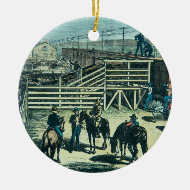Loading Texas cattle onto a train at Abilene railh Ceramic Ornament (Front)