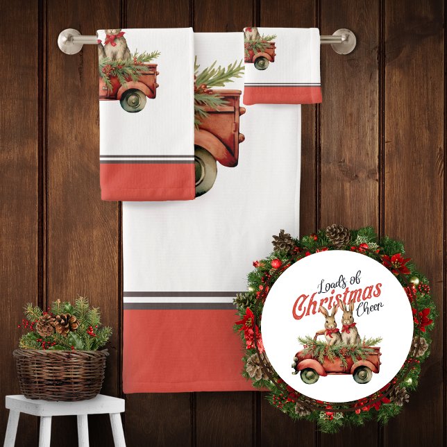 Loads of Christmas Cheer Rabbits in Red Truck Bath Towel Set (Creator Uploaded)