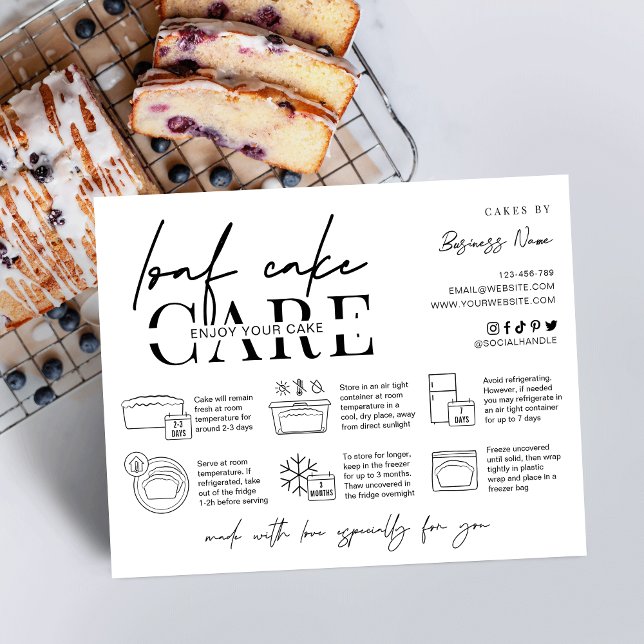 Loaf Pound Cake Minimalist Baker Care Instructions Thank You Card (Loaf / Pound Cake care instructions card with icons, space for your business info and thank you note)