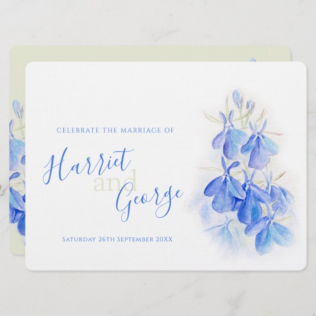 Lobelia blue floral green back wedding invitations (Front/Back)