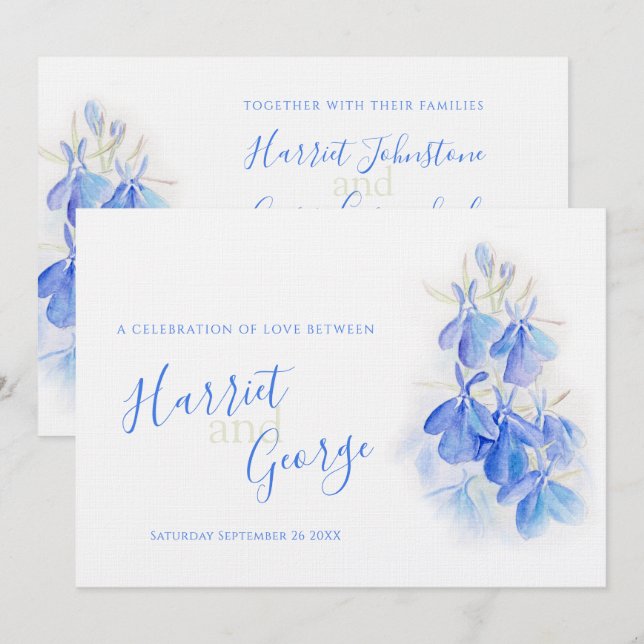 Lobelia invitation à mariage floral bleu (Devant / Derrière)