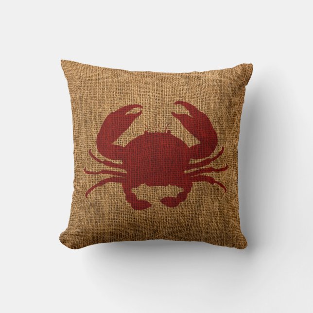 Lobster and Crab in Nautical Rustic Red Throw Pillow (Front)