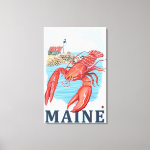 Lobster and Portland Lighthouse Scene Canvas Print