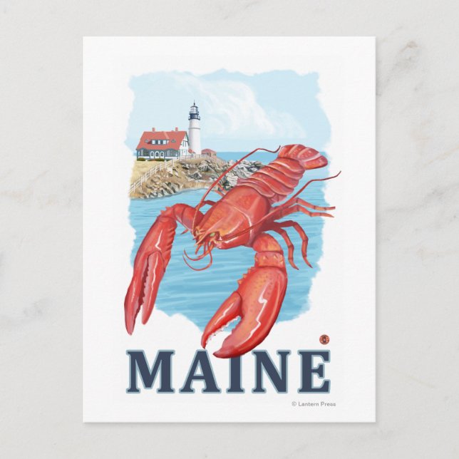 Lobster and Portland Lighthouse Scene Postcard (Front)