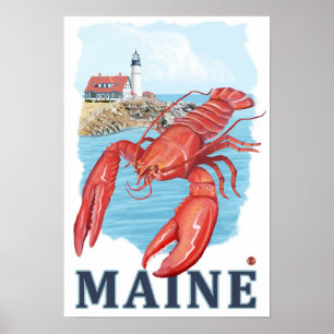 Lobster and Portland Lighthouse Scene Poster