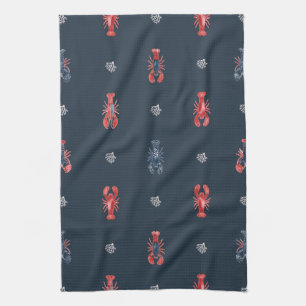 Lobster and Sea Coral Pattern on Navy Kitchen Towel