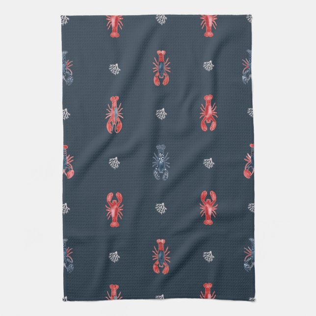Lobster and Sea Coral Pattern on Navy Kitchen Towel (Vertical)