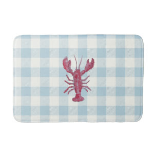 Lobster Blue Gingham Check Coastal Bath Mat