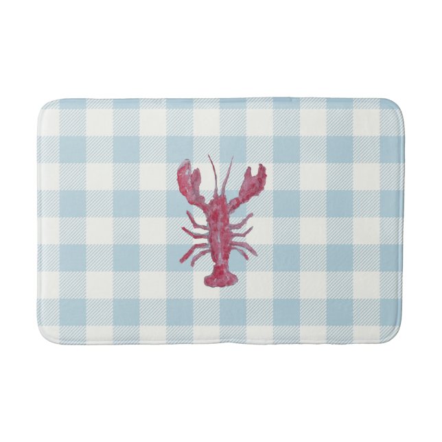 Lobster Blue Gingham Check Coastal Bath Mat (Front)