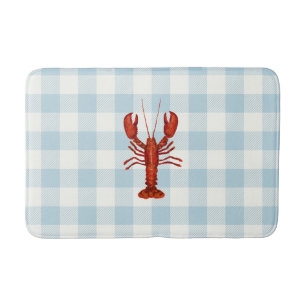 Lobster Blue Gingham Check Coastal Bath Mat