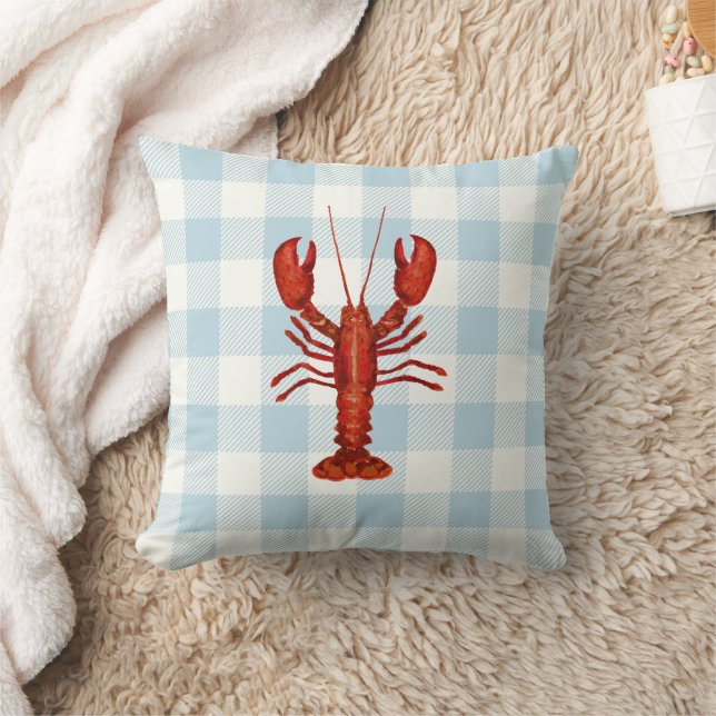 Lobster Blue Gingham Check Coastal Throw Pillow (Blanket)