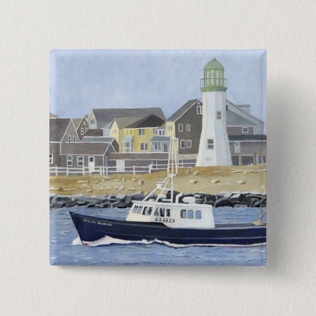 Lobster Boat Scituate Harbour 2 Inch Square Button (Front)
