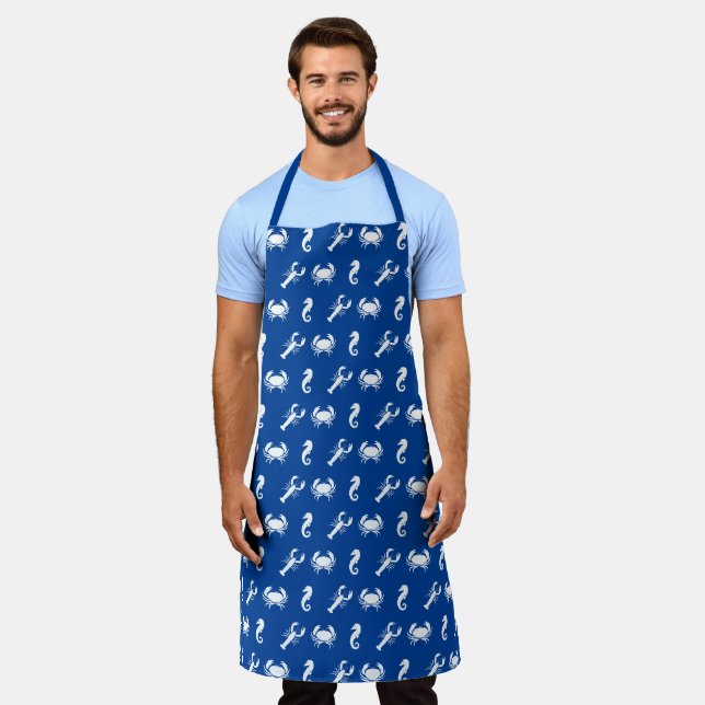 Lobster crab seahorse blue white pattern cooking apron (Worn)