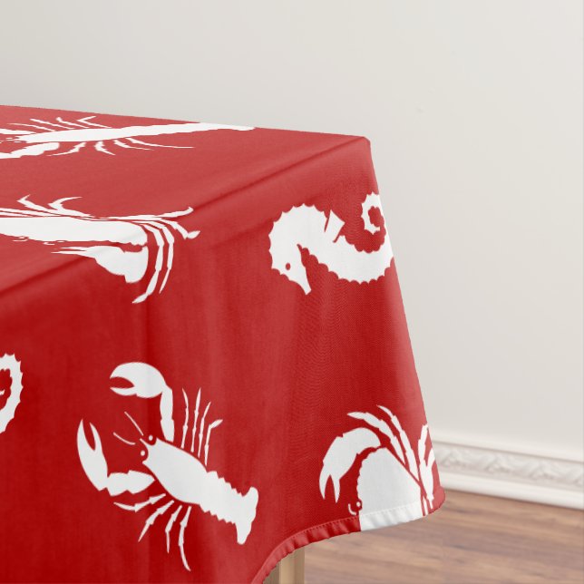 Lobster crab seahorse crimson red white pattern tablecloth (In Situ)