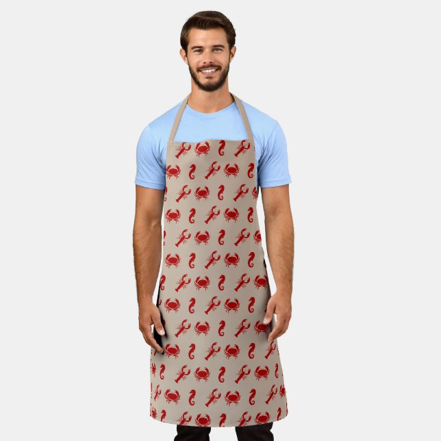 Lobster crab seahorse red beige pattern apron (Worn)