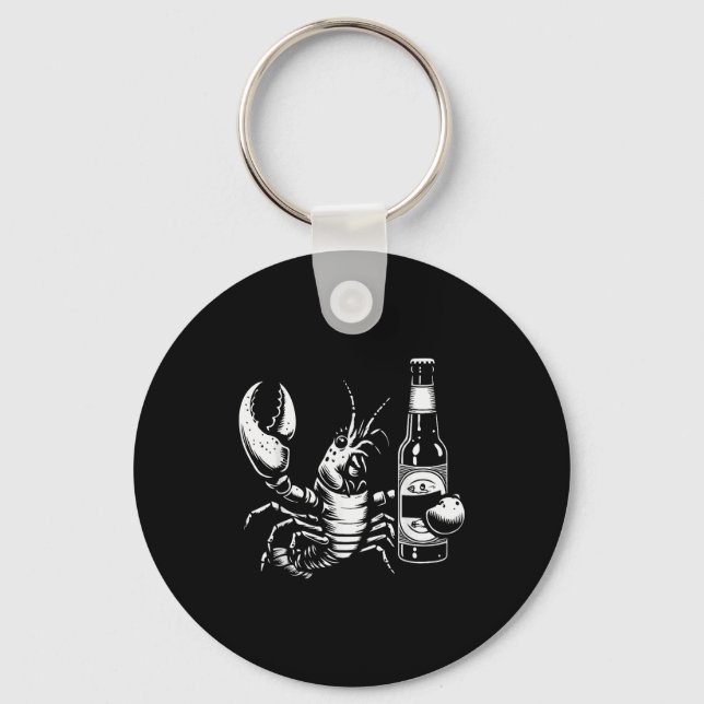 Lobster Crawfish Holding Beer Bottle Funny Crayfis Keychain (Front)