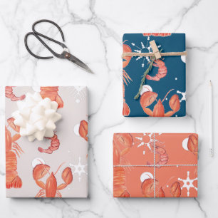 Lobster Crustacean Watercolor Snowflake Pattern Wrapping Paper Sheet