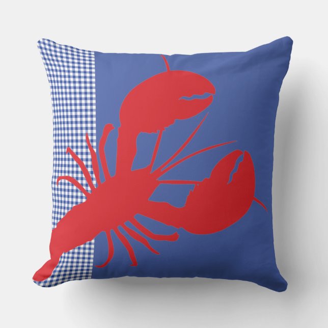 Lobster Gingham Red White Blue Coastal Maine Fun Throw Pillow (Front)
