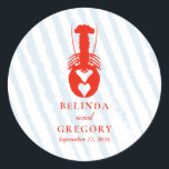 Lobster Heart Blue Stripes Nautical Beach Wedding Classic Round Sticker<br><div class="desc">A cute hand drawn lobster making a heart shape with its claws and blue stripes wedding design. A nautical coastal modern lobster design. A charming beach theme wedding design with classy script typography. An elegant hand drawn lobster with rustic blue stripes wedding sticker design with modern elements. Matching wedding invitations...</div>