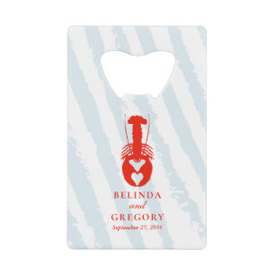 Lobster Heart Blue Stripes Nautical Beach Wedding Credit Card Bottle Opener