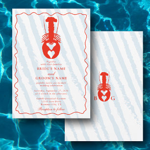 Lobster Heart Blue Stripes Nautical Beach Wedding Invitation