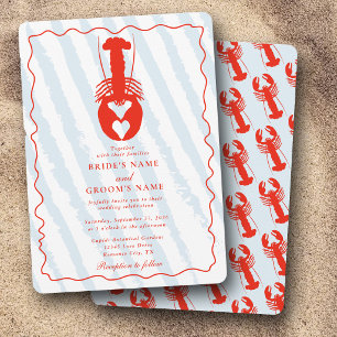 Lobster Heart Blue Stripes Nautical Beach Wedding Invitation