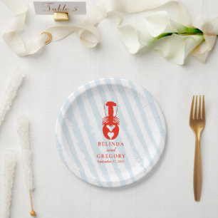 Lobster Heart Blue Stripes Nautical Beach Wedding Paper Plate
