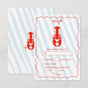 Lobster Heart Blue Stripes Nautical Beach Wedding RSVP Card