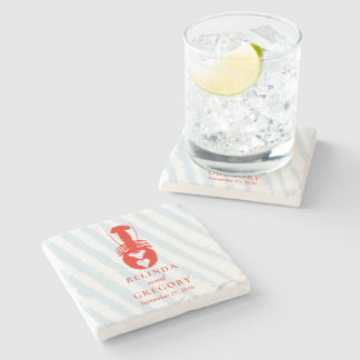Lobster Heart Blue Stripes Nautical Beach Wedding Stone Coaster