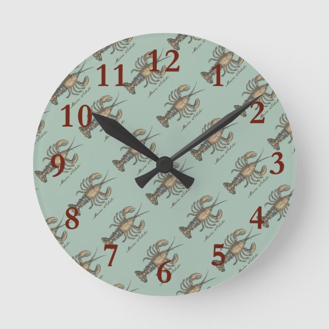 Lobster Illustration Antique Maine Seafood Round Clock (Front)