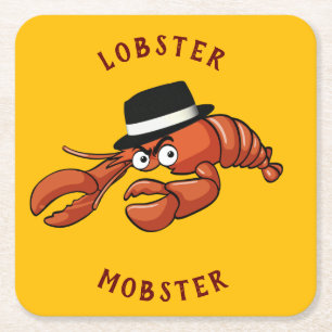 Lobster Mobster 🦞 Wide-Eyed Cute Cartoon Gangster Square Paper Coaster