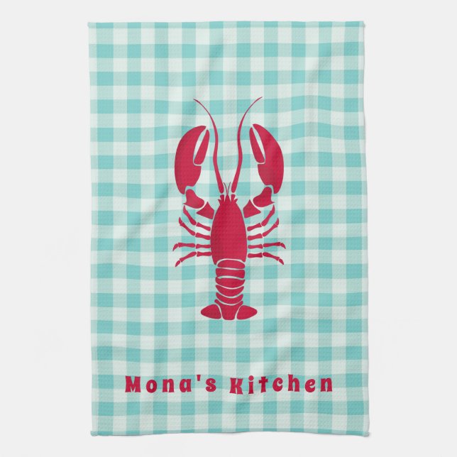 Lobster on Blue Gingham Personalized Kitchen Towel (Vertical)