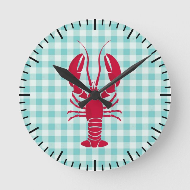 Lobster on Blue Gingham  Round Clock (Front)