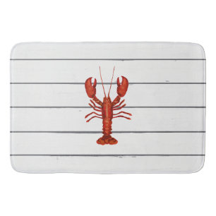 Lobster Painting Nautical Blue Stripe Coastal Bath Mat