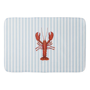 Lobster Painting Nautical Blue Stripe Coastal Bath Mat