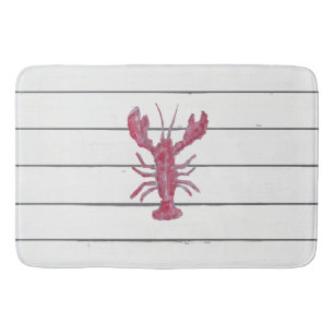 Lobster Painting Nautical Blue Stripe Coastal Bath Mat