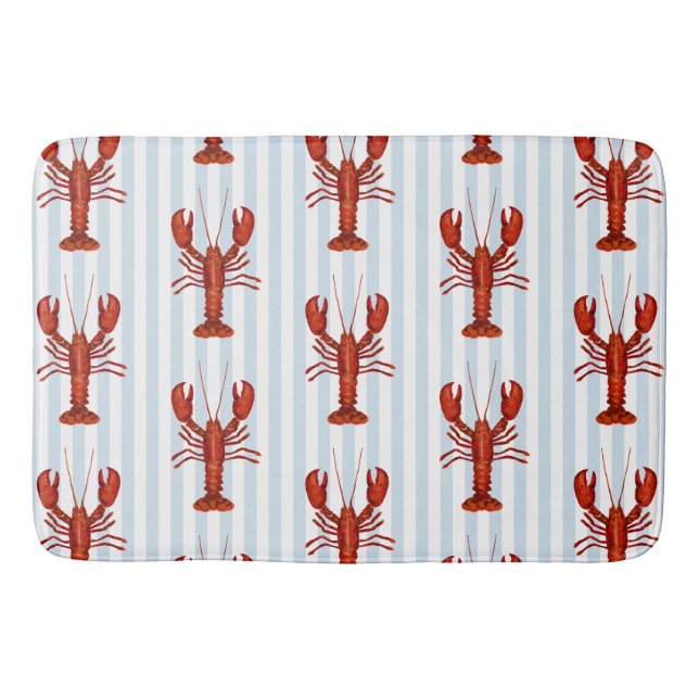Lobster Painting Nautical Blue Stripe Coastal Bath Mat (Front)